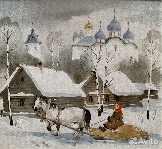 Русская деревня, картина акварель