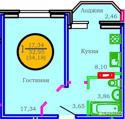 1-к квартира, 34.2 м², 3/10 эт.