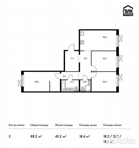 3-к квартира, 88.2 м², 14/14 эт. 3-к квартира, 88.2 м², 14/14 эт.