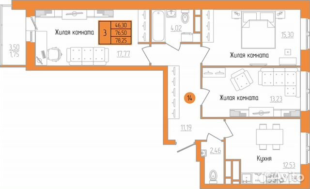 3-к квартира, 78.4 м², 3/15 эт. 3-к квартира, 78.4 м², 3/15 эт.