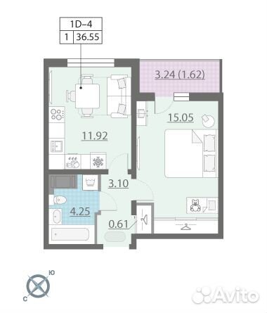 1-к квартира, 36.6 м², 16/22 эт.