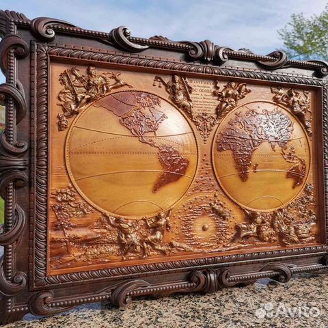 Резные деревянное панно карта мира и др