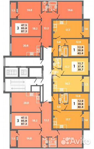 3-к квартира, 87.3 м², 2/15 эт.