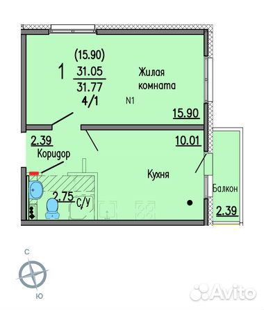 1-к квартира, 31.8 м², 4/5 эт. 1-к квартира, 31.8 м², 4/5 эт.