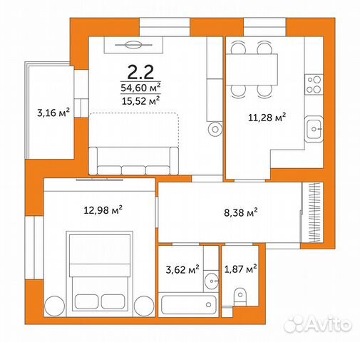 2-к квартира, 54.6 м², 5/17 эт. 2-к квартира, 54.6 м², 5/17 эт.