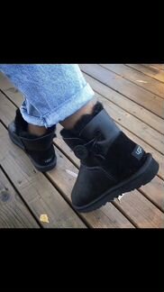 Угги кожа с пуговицей черные