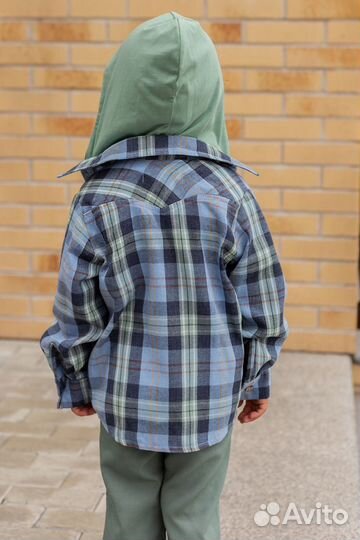 Рубашка в клетку теплая детская 98-122 голубая