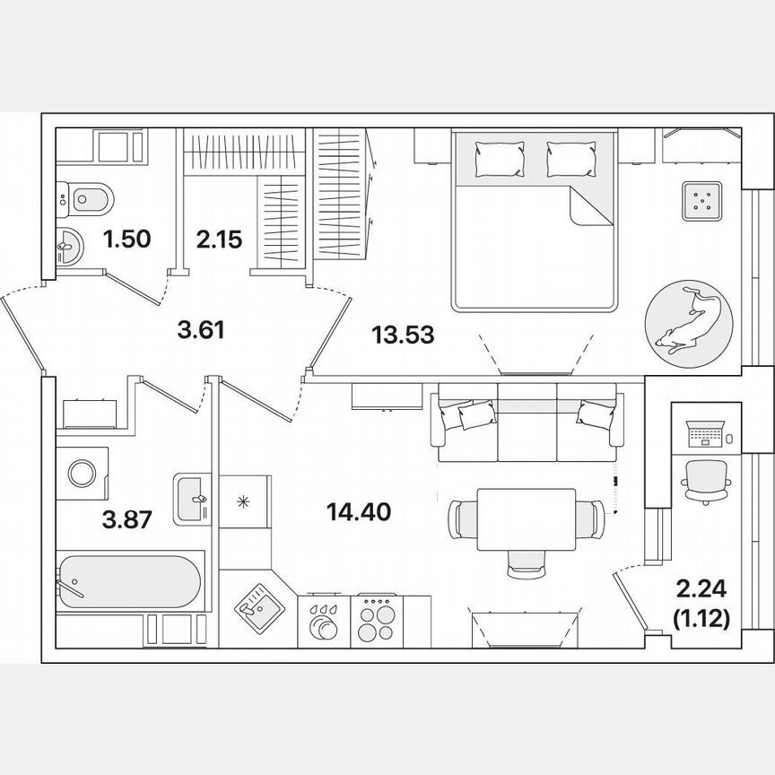 1-к. квартира, 40,2 м², 8/12 эт.