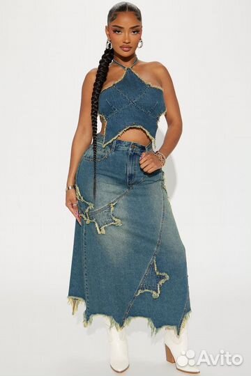 Джинсовый костюм юбка и топ ретро стиль y2k