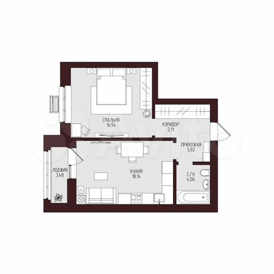 1-к. квартира, 50,6 м², 8/9 эт.