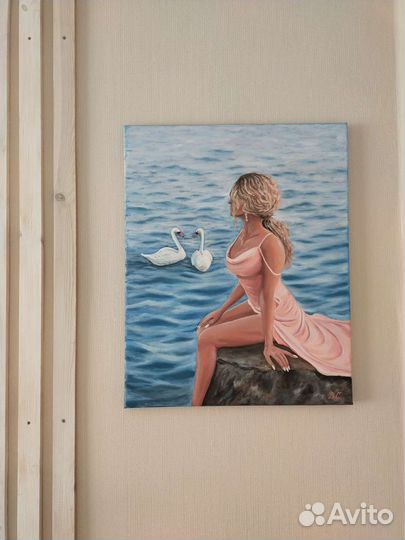 Девушка с лебедями, картина маслом, авторская