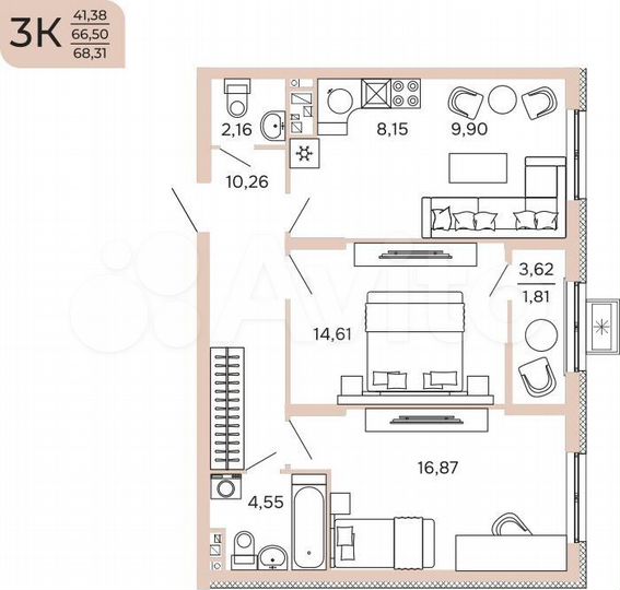 3-к. квартира, 68,3 м², 8/17 эт.