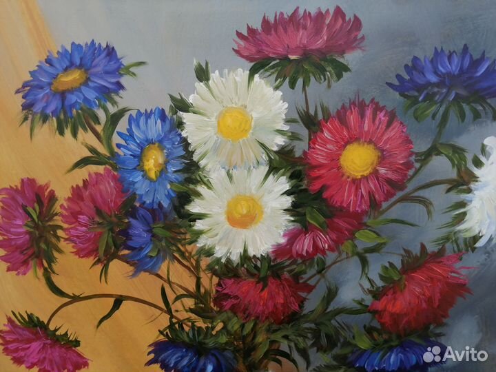 2 картины с астрами. Холст на подрамн 50х40,40х50