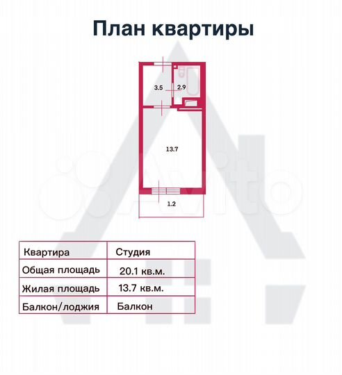Квартира-студия, 20,1 м², 12/16 эт.