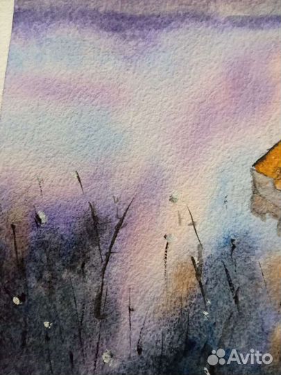 Картина акварель рассвет озеро