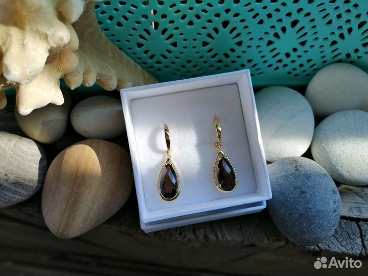 Серьги с натуральным дымчатым кварцем