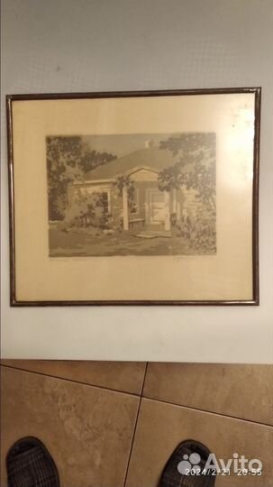 Картина, эстамп в металлической раме. Домик няни