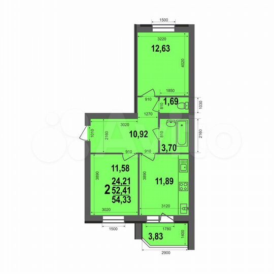 2-к. квартира, 54,3 м², 5/5 эт.