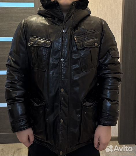 Зимняя курка мужская кожанный пуховик 52