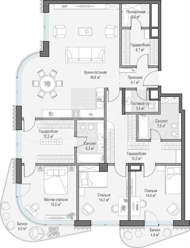 3-к. квартира, 165,7 м², 9/14 эт.