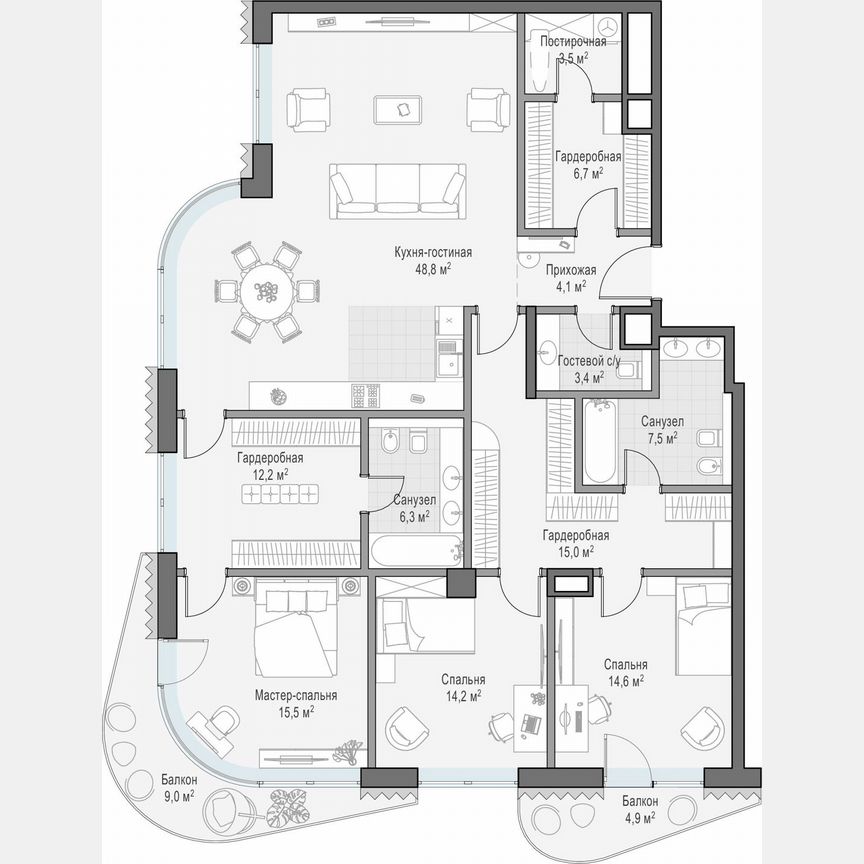 3-к. квартира, 165,7 м², 9/14 эт.