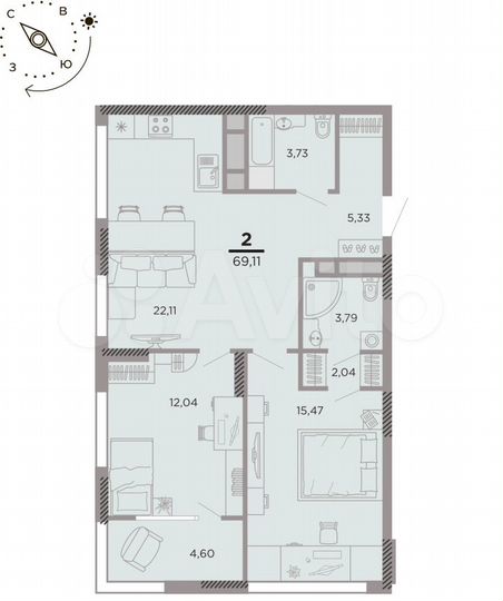 2-к. квартира, 69,1 м², 5/25 эт.