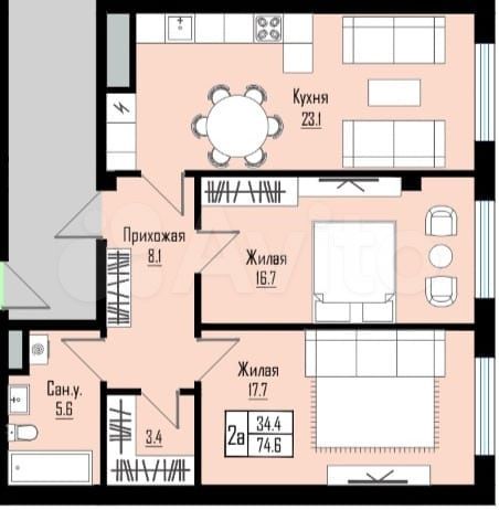 2-к. квартира, 74,6 м², 4/12 эт.