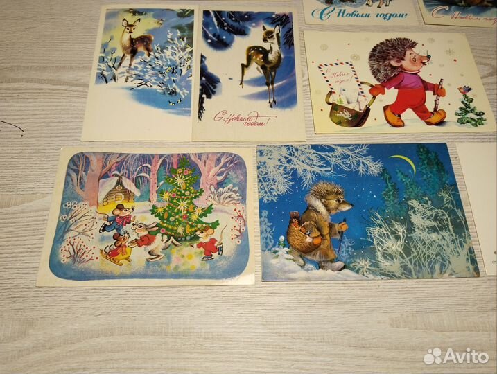 Открытки Новый год СССР ёжик еж олень пингвин