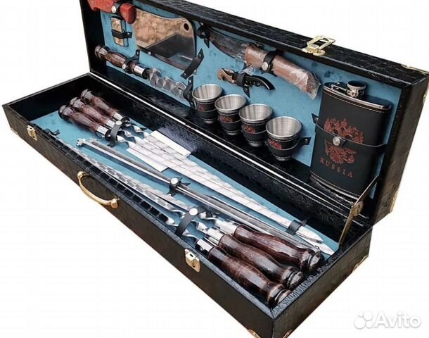 Набор для шашлыка в кейсе №8. Синий велюр