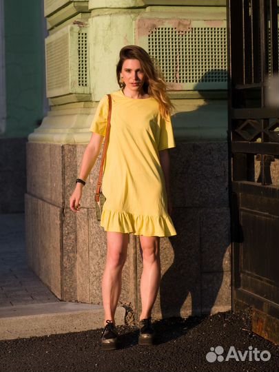 Платье футболка оверсайз новое желтое с воланом