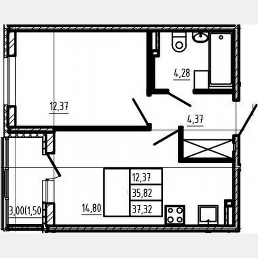1-к. квартира, 35,8 м², 4/4 эт.