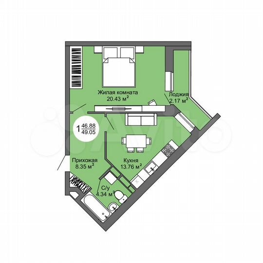 1-к. квартира, 49,1 м², 8/17 эт.