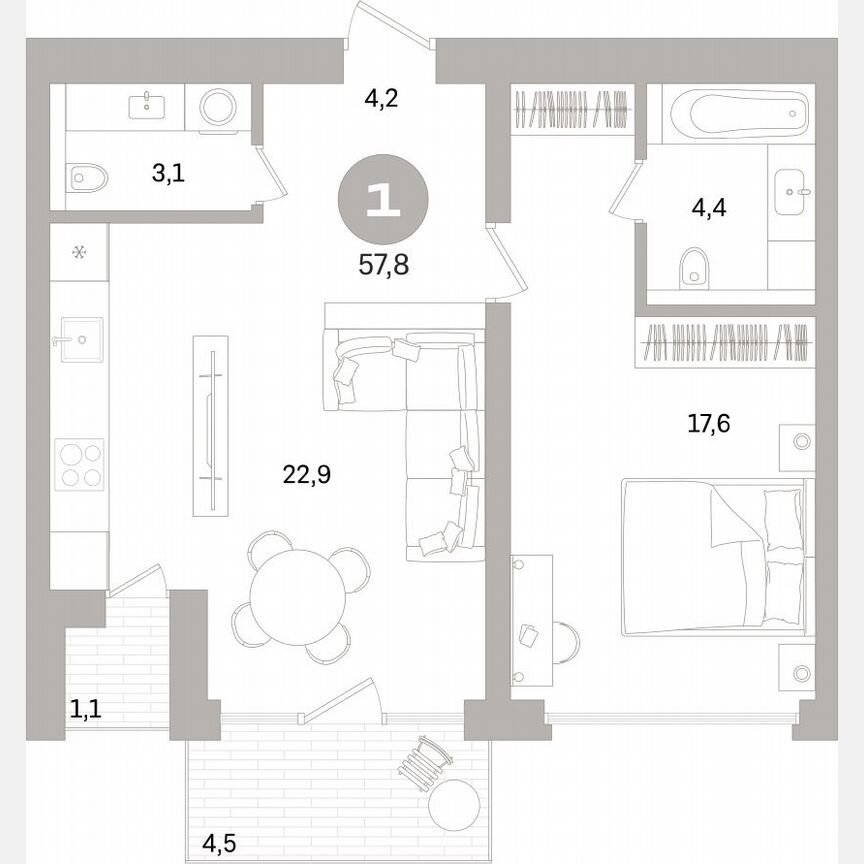 1-к. квартира, 57,7 м², 4/16 эт.