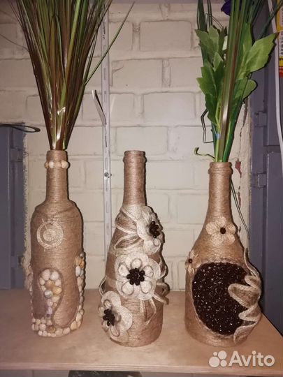 Декоративные бутылки из джута и стекла