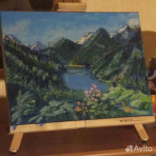 Картина маслом горный пейзаж Озеро Рица, Абхазия
