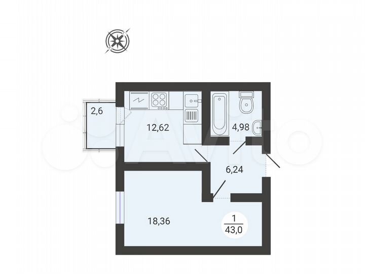 1-к. квартира, 43 м², 3/3 эт.