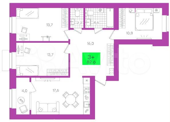 3-к. квартира, 82,6 м², 2/4 эт.