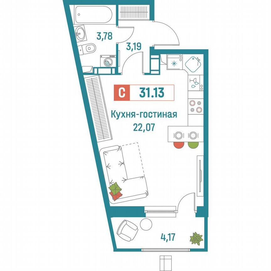 Квартира-студия, 31,1 м², 13/18 эт.