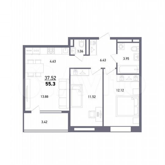 3-к. квартира, 55,3 м², 13/27 эт.