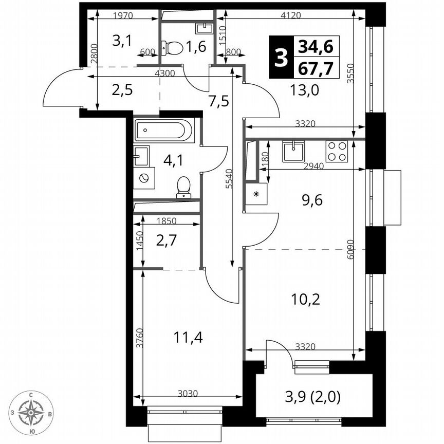 3-к. квартира, 67,7 м², 3/25 эт.