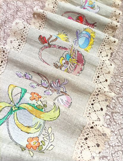 Дорожка лен, салфетки лен, вышивка крестиком