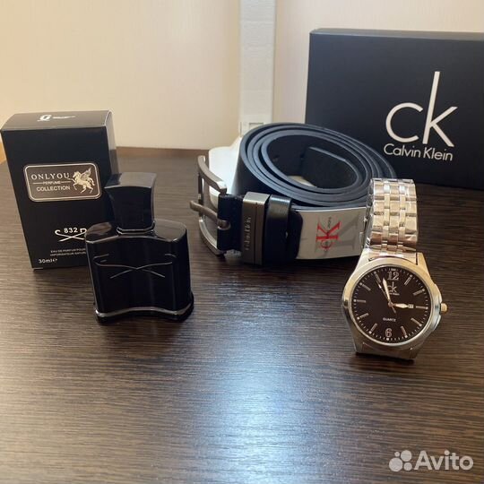 Мужской набор подарок 3в1 часы ремень духи