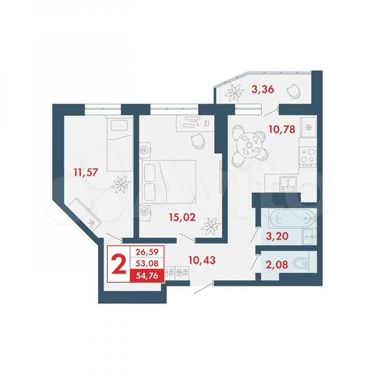 2-к. квартира, 54,8 м², 7/16 эт.