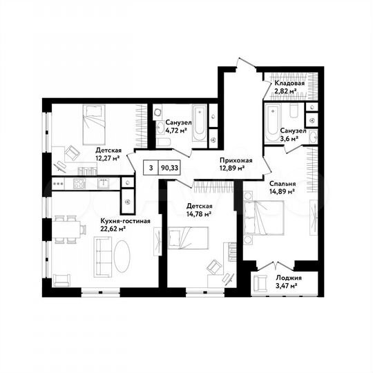 3-к. квартира, 90,3 м², 6/25 эт.