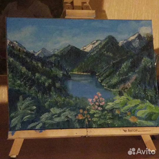 Картина маслом горный пейзаж Озеро Рица, Абхазия