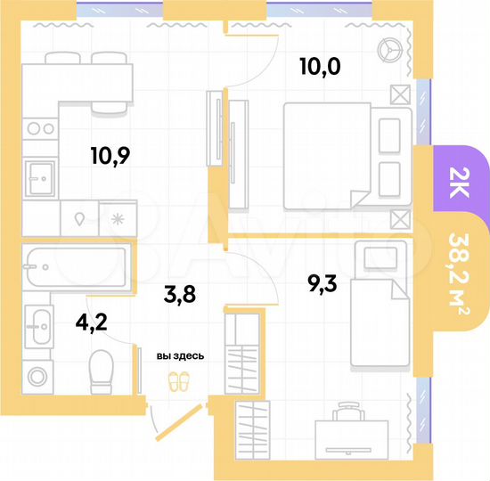 2-к. квартира, 38,2 м², 2/16 эт.