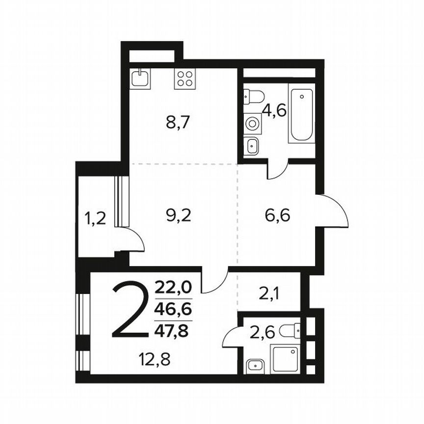 2-к. квартира, 47,8 м², 4/12 эт.