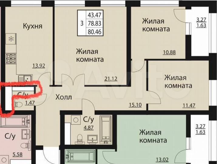 3-к. квартира, 80,6 м², 6/22 эт.