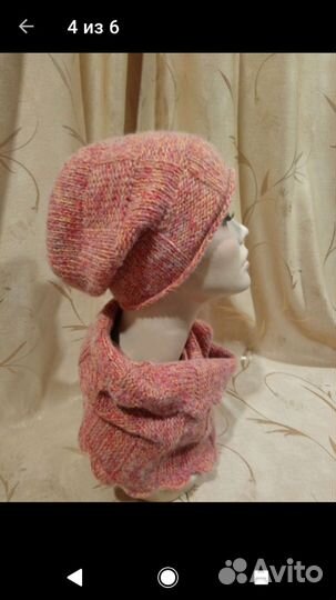 Вязаный комплект из шерсти шапка бини,снуд
