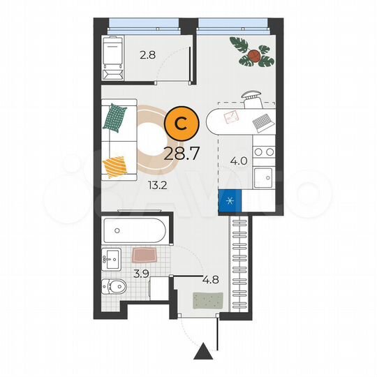 Квартира-студия, 28,7 м², 20/25 эт.